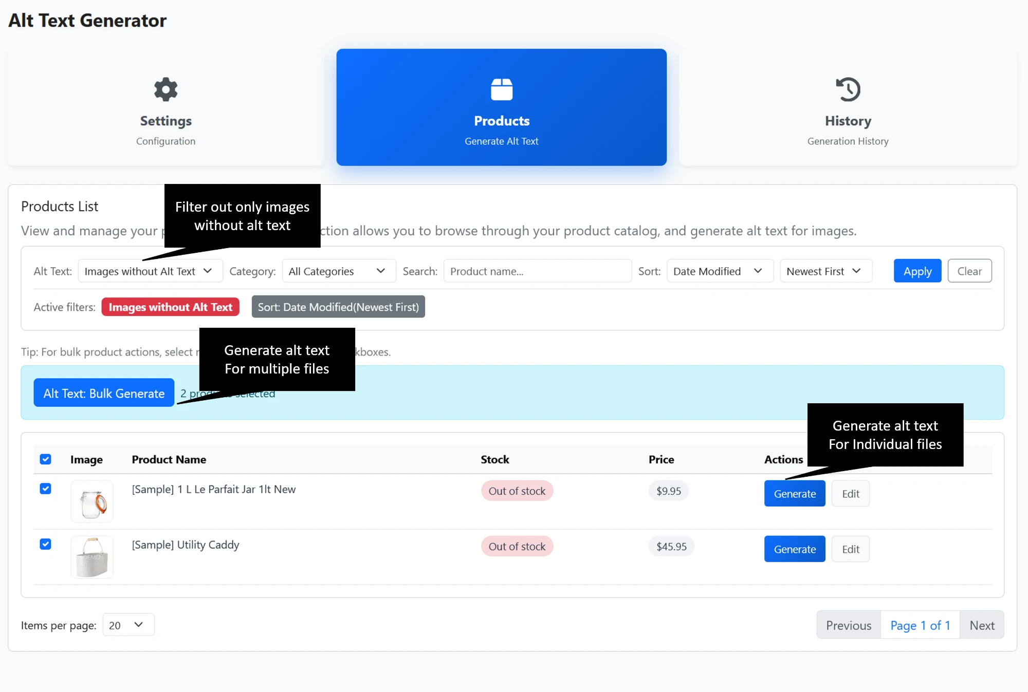 BigCommerce Bulk SEO Optimizer App showing SEO issues and solutions