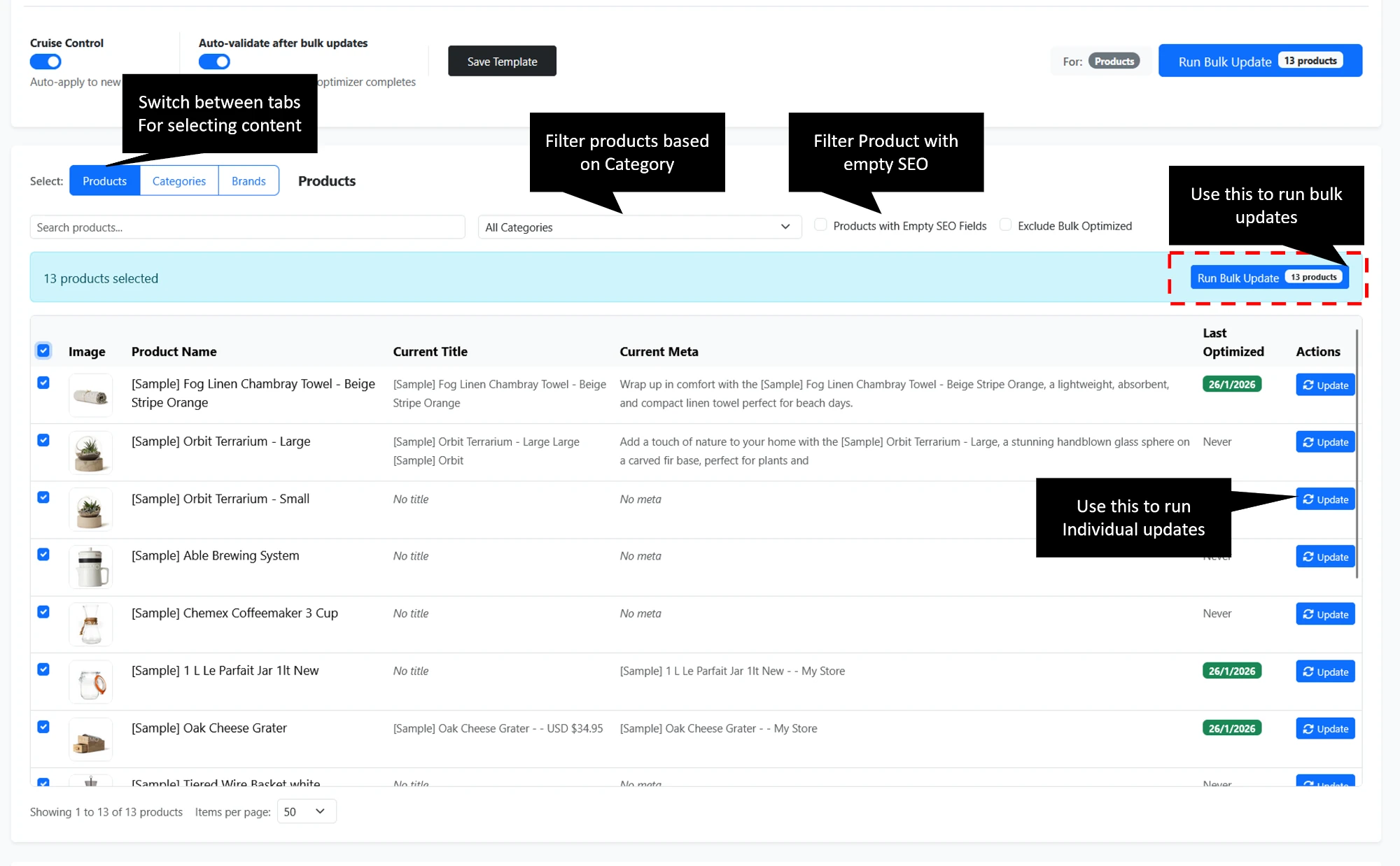 BigCommerce Bulk SEO Optimizer App showing SEO issues and solutions