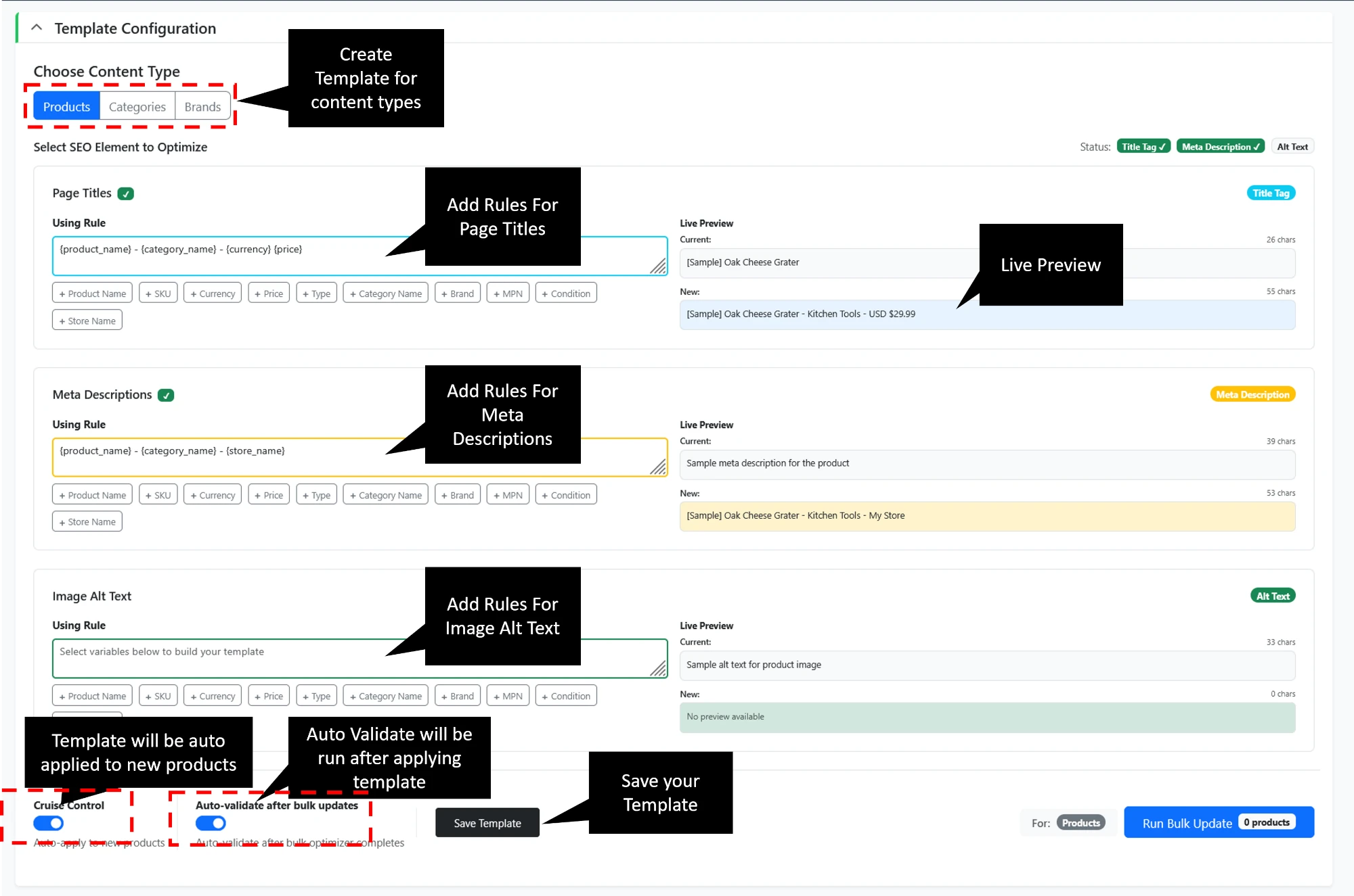 BigCommerce Bulk SEO Optimizer App showing SEO issues and solutions
