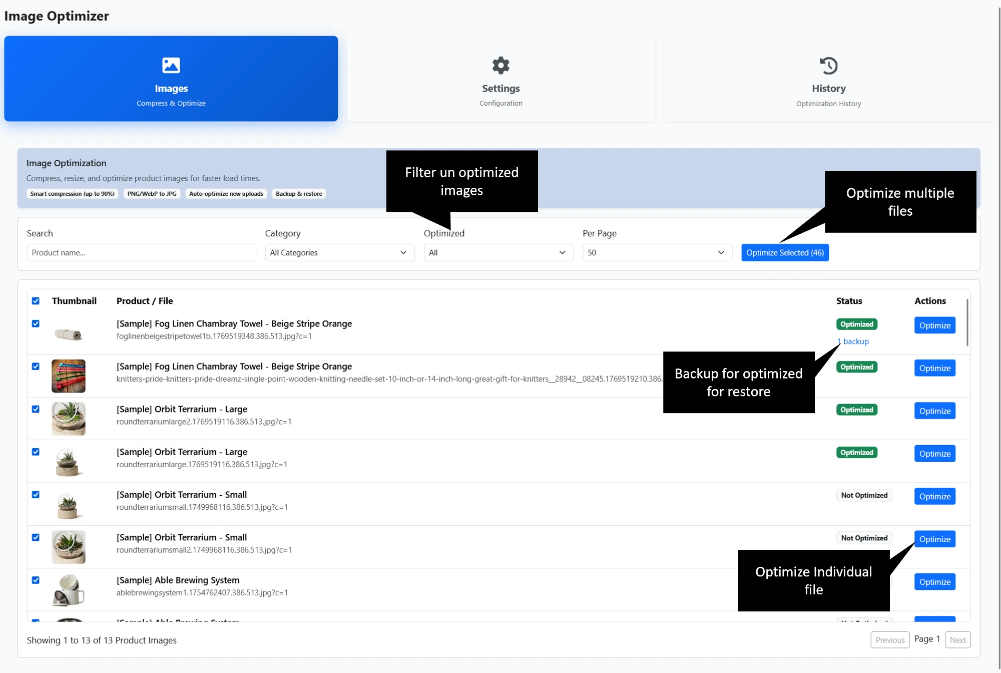 BigCommerce Bulk SEO Optimizer App showing SEO issues and solutions