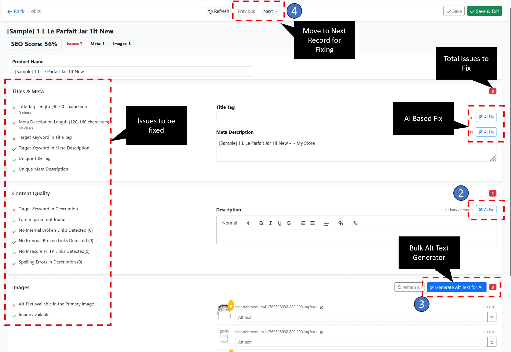 BigCommerce SEO Optimizer App showing SEO issues and solutions