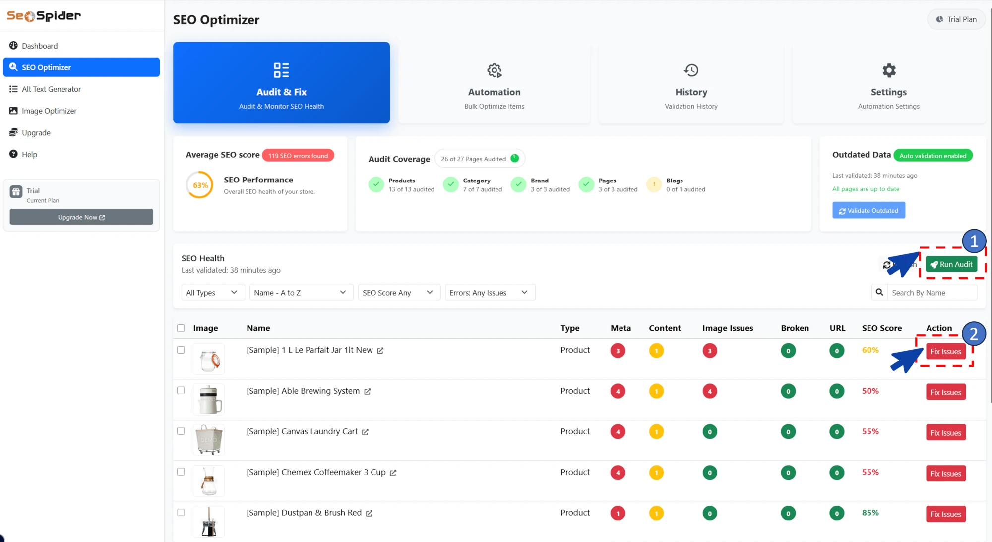 BigCommerce SEO Optimizer App showing SEO audit and fix options